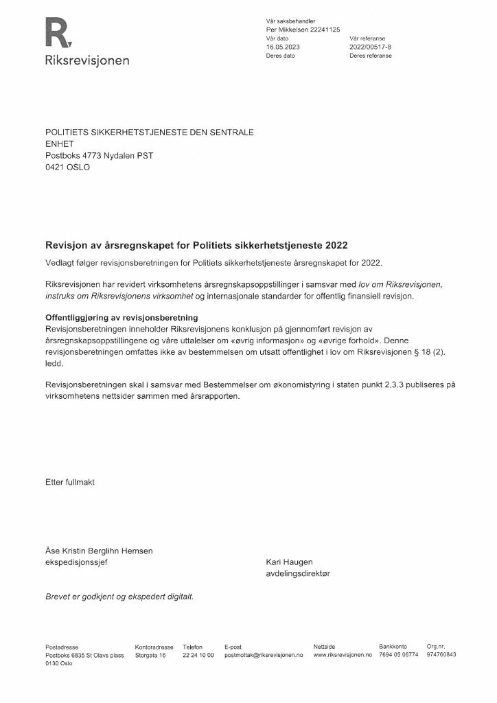 Forsiden av dokumentet Revisjonsberetning PST 2022