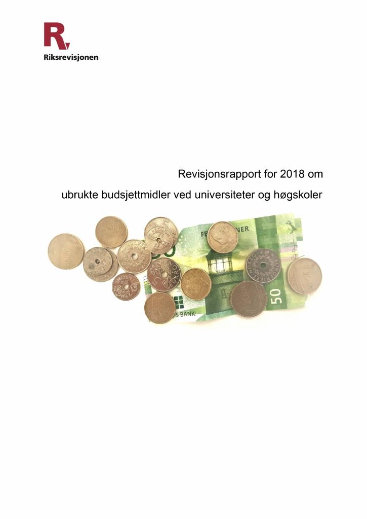 Forsiden av dokumentet Revisjonsrapport for 2018 om ubrukte budsjettmidler ved universiteter og høgskoler