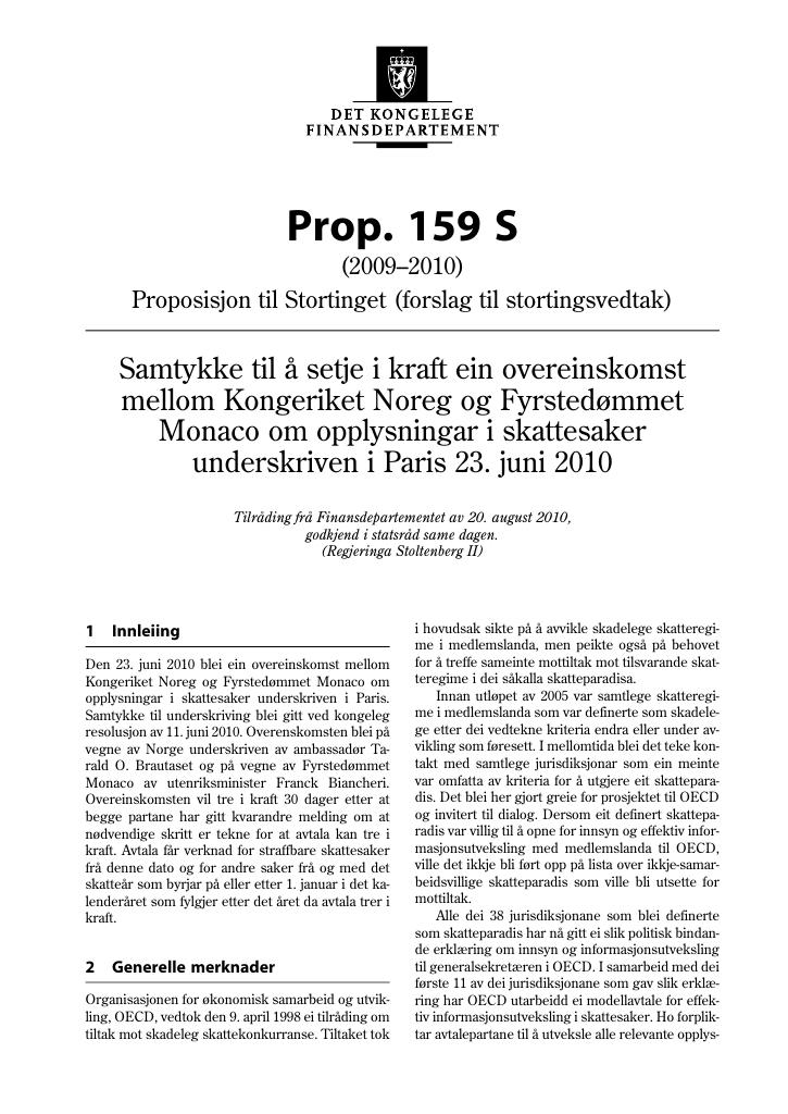 Forsiden av dokumentet Prop. 159 S (2009-2010)