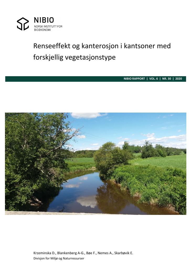 Forsiden av dokumentet Renseeffekt og kanterosjon i kantsoner med forskjellig vegetasjonstype
