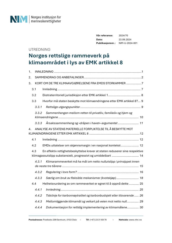 Forsiden av dokumentet Norges rettslige rammeverk på klimaområdet i lys av EMK artikkel 8