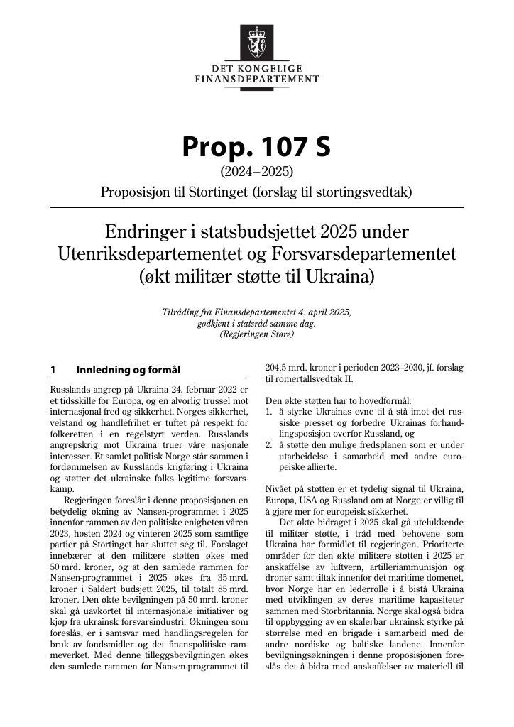 Forsiden av dokumentet Prop. 107 S (2024–2025)