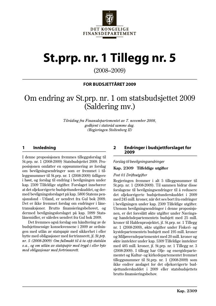Forsiden av dokumentet St.prp nr. 1 Tillegg nr. 5 (2008-2009)