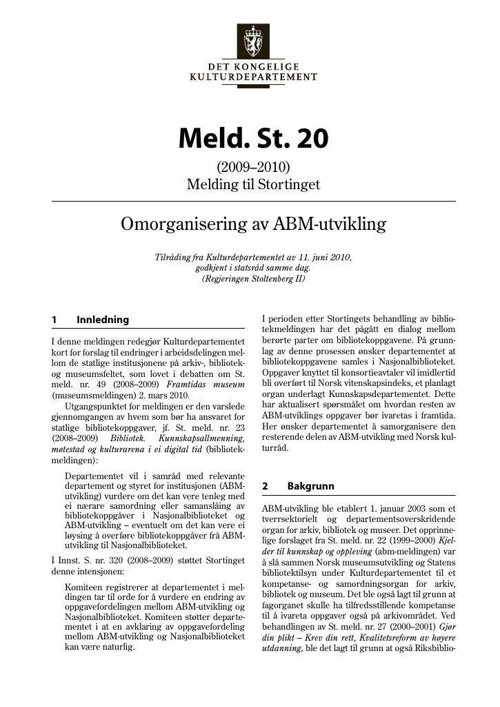 Forsiden av dokumentet Meld. St. 20 (2009–2010)