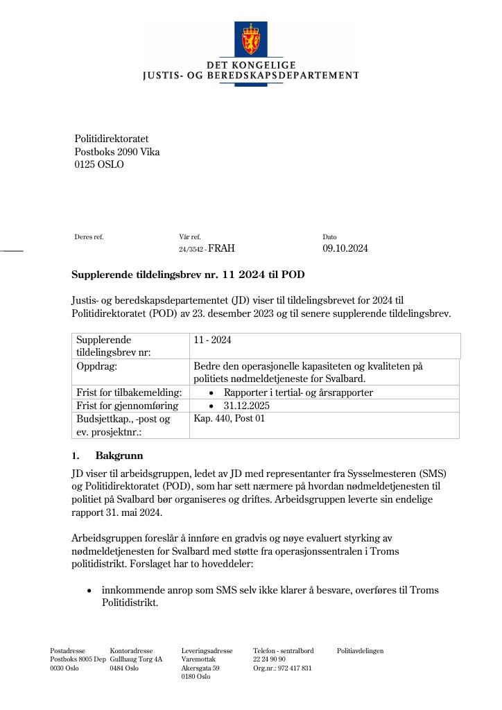 Forsiden av dokumentet Tildelingsbrev Politiet 2024 - tillegg nr. 11