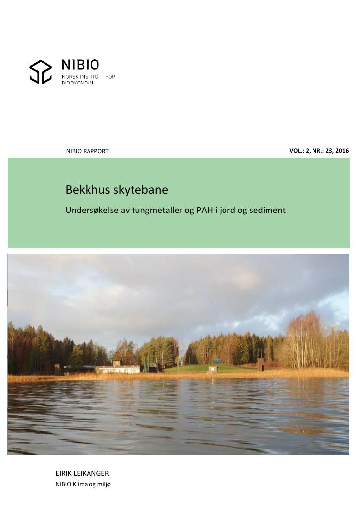 Forsiden av dokumentet BEKKHUS SKYTEBANE - UNDERSØKELSE AV TUNGMETALLER OG PAH I JORD OG SEDIMENT