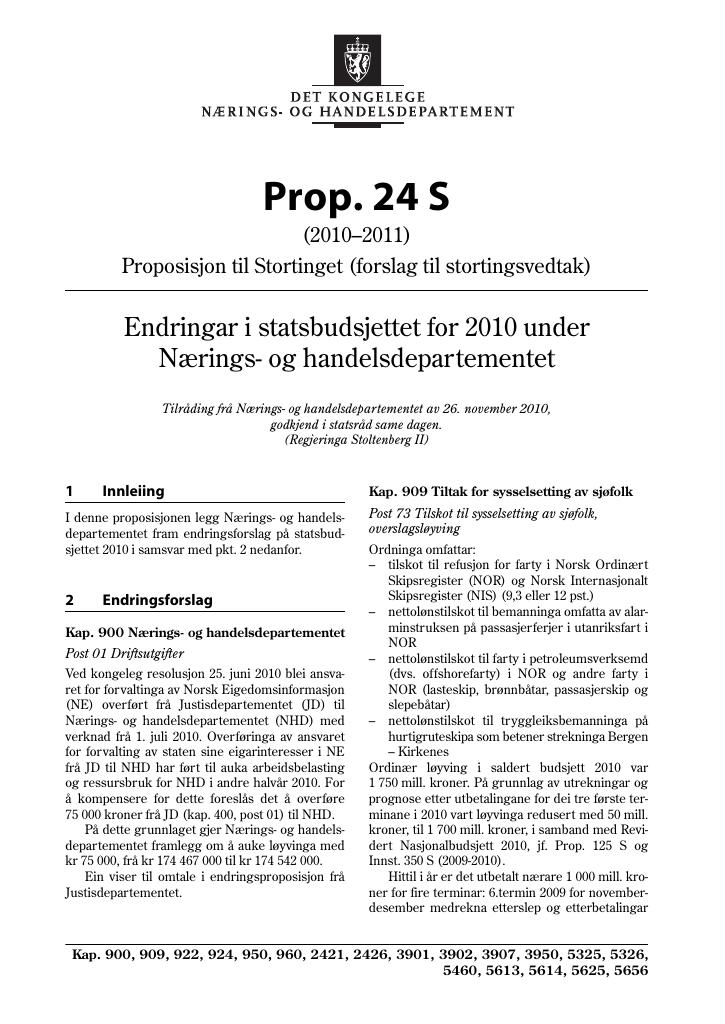 Forsiden av dokumentet Prop. 24 S (2010–2011)