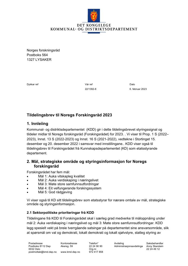 Forsiden av dokumentet Tildelingsbrev Norges Forskningsråd 2023