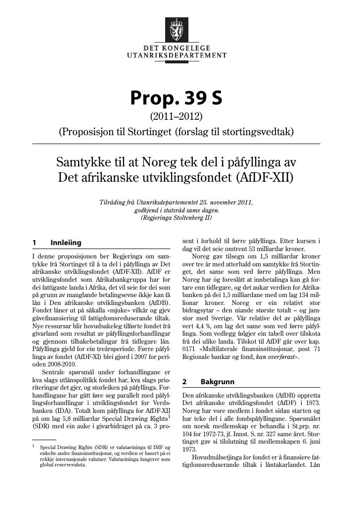 Forsiden av dokumentet Prop. 39 S (2011–2012)