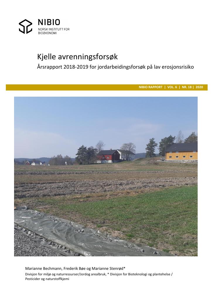 Forsiden av dokumentet Kjelle avrenningsforsøk : årsrapport 2018–2019 for jordarbeidingsforsøk på lav erosjonsrisiko