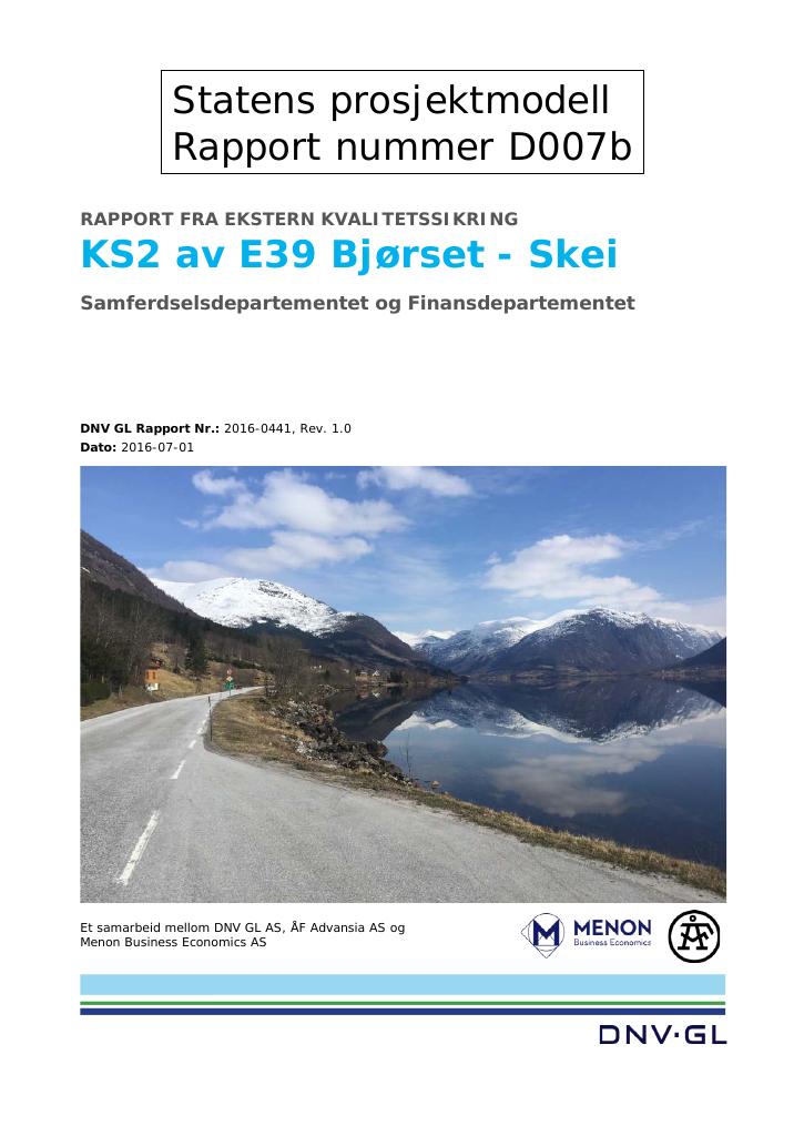 Forsiden av dokumentet Kvalitetssikringsrapport (KS2) for E39 Bjørset-Skei