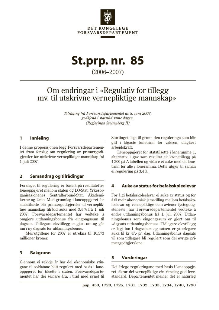 Forsiden av dokumentet St.prp. nr. 85 (2006-2007)