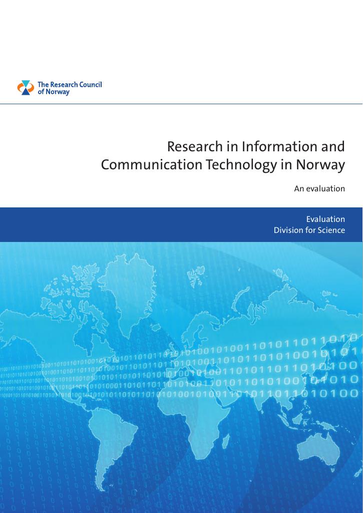 Forsiden av dokumentet Evaluation - Research in Information and Communication Technology at Norwegian Universities, University Colleges and Selected Research Institutes