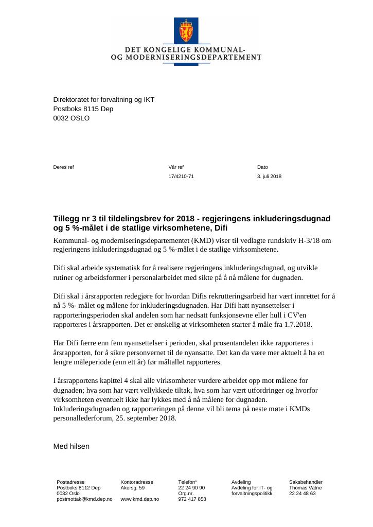 Forsiden av dokumentet Tildelingsbrev Digdir 2018 - tillegg nr. 3