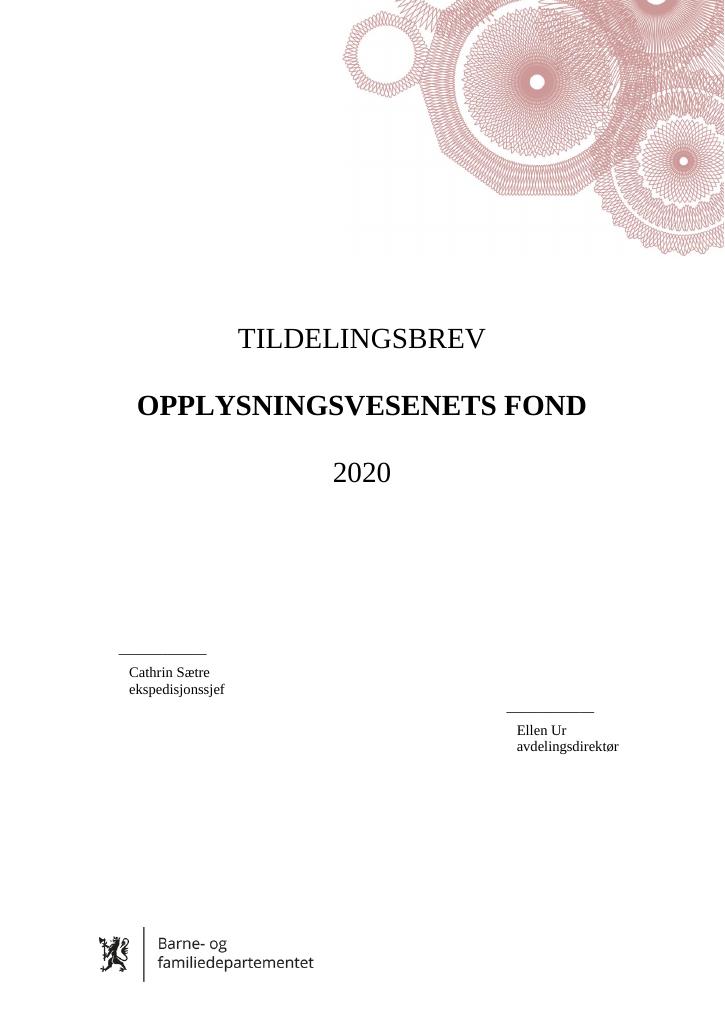 Forsiden av dokumentet Tildelingsbrev Opplysningsvesenets fond 2020