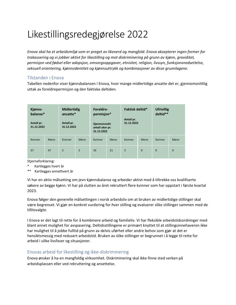 Forsiden av dokumentet Likestillingsredegjørelse Enova 2022