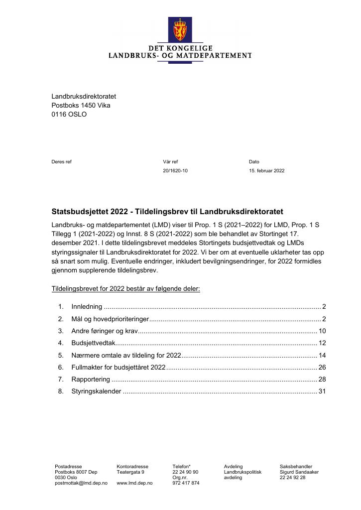 Forsiden av dokumentet Tildelingsbrev Landbruksdirektoratet 2022