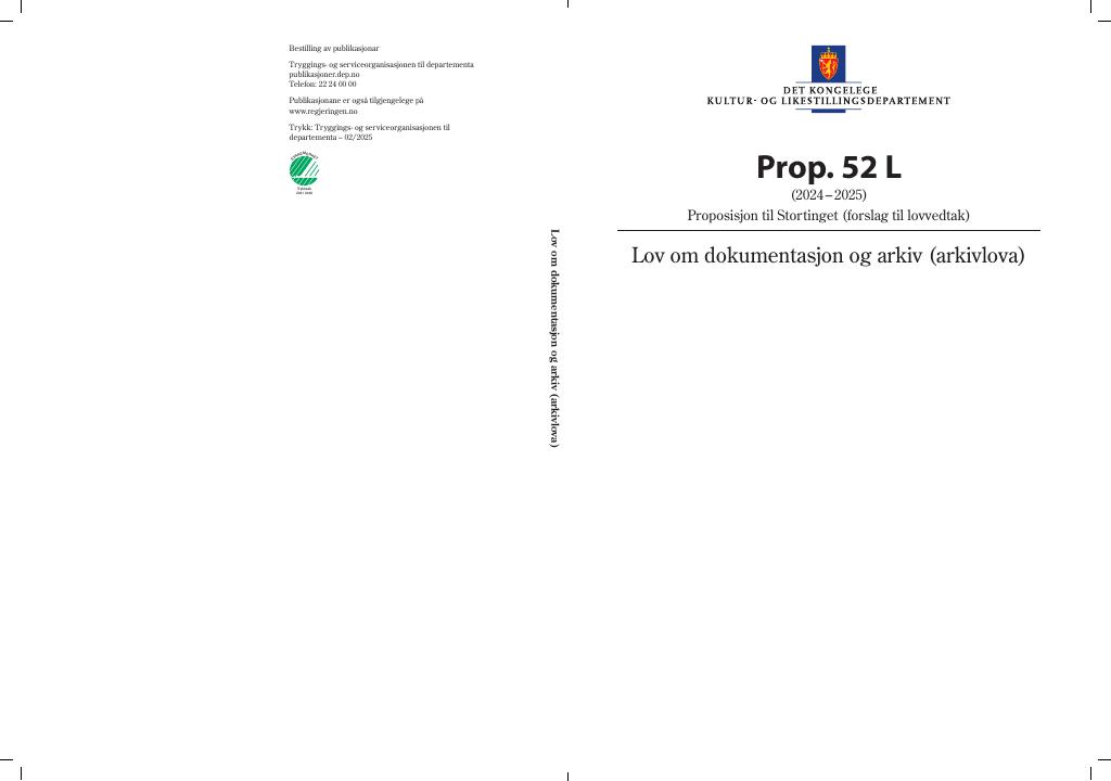 Forsiden av dokumentet Prop. 52 L (2024–2025)