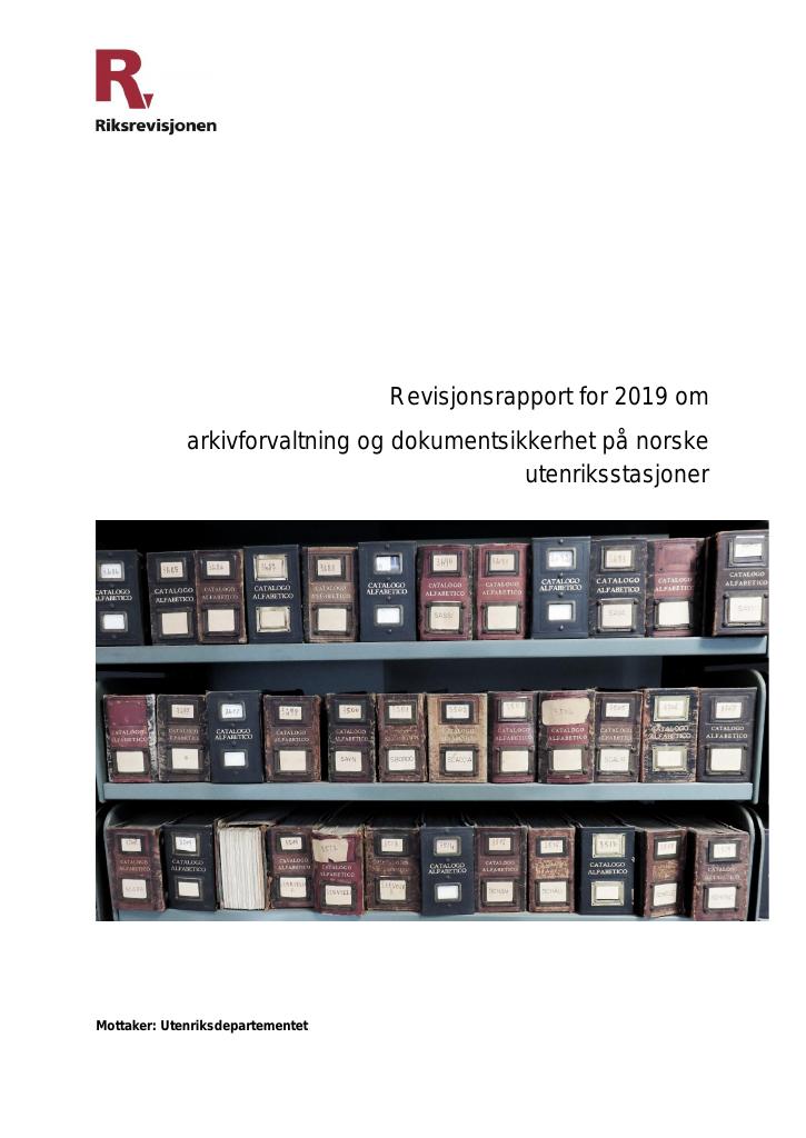 Forsiden av dokumentet Revisjonsrapport for 2019 om arkivforvaltning og dokumentsikkerhet på norske utenriksstasjoner