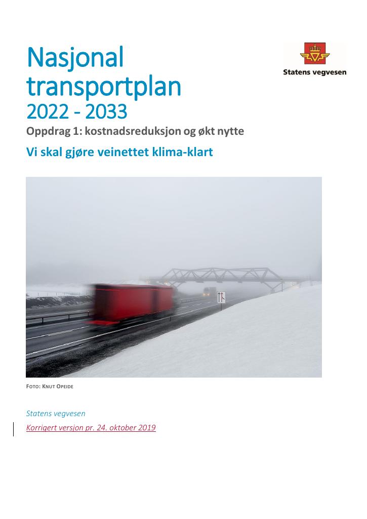 Forsiden av dokumentet Nasjonal transportplan 2022–2033: Oppdrag 1. Svar fra Statens vegvesen
