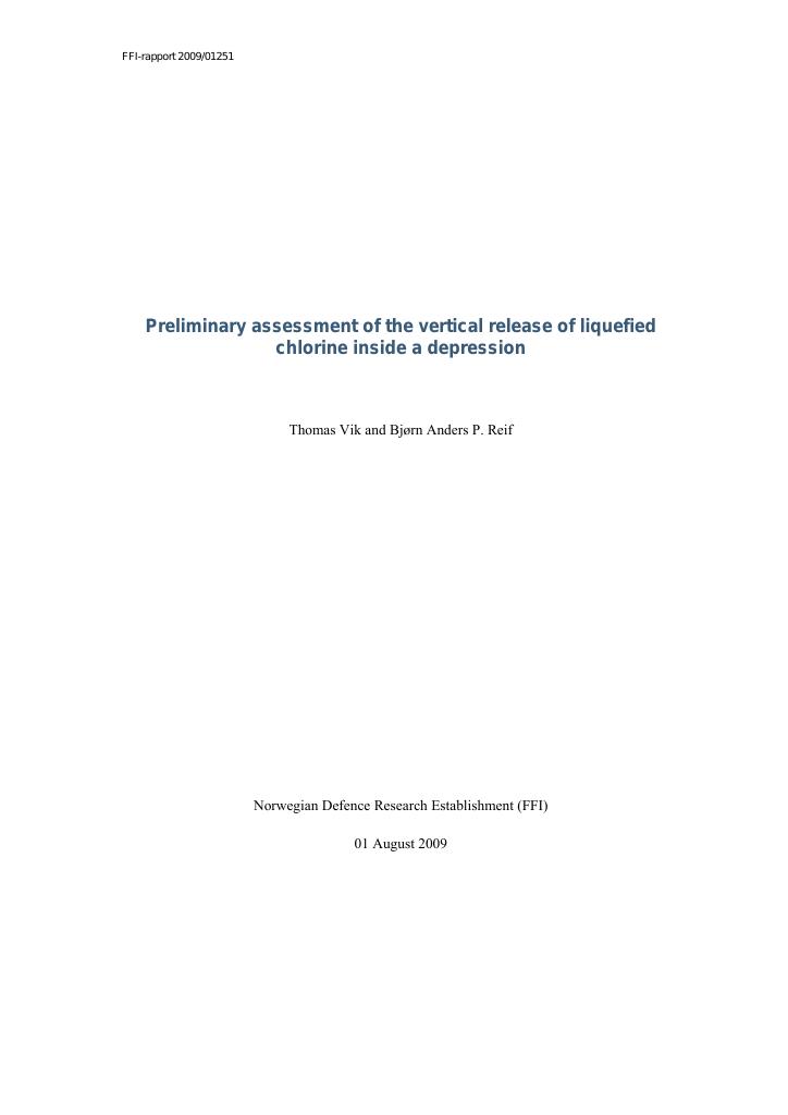 Forsiden av dokumentet Preliminary assessment of the vertical release of liquefied chlorine inside a depression
