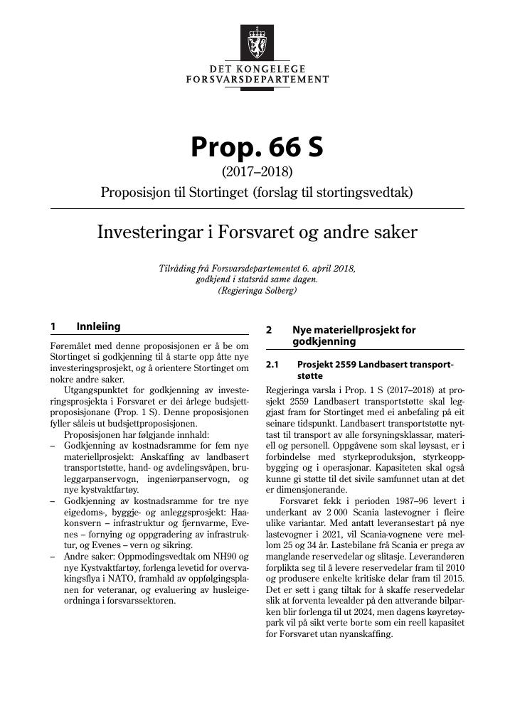 Forsiden av dokumentet Prop. 66 S (2017–2018)