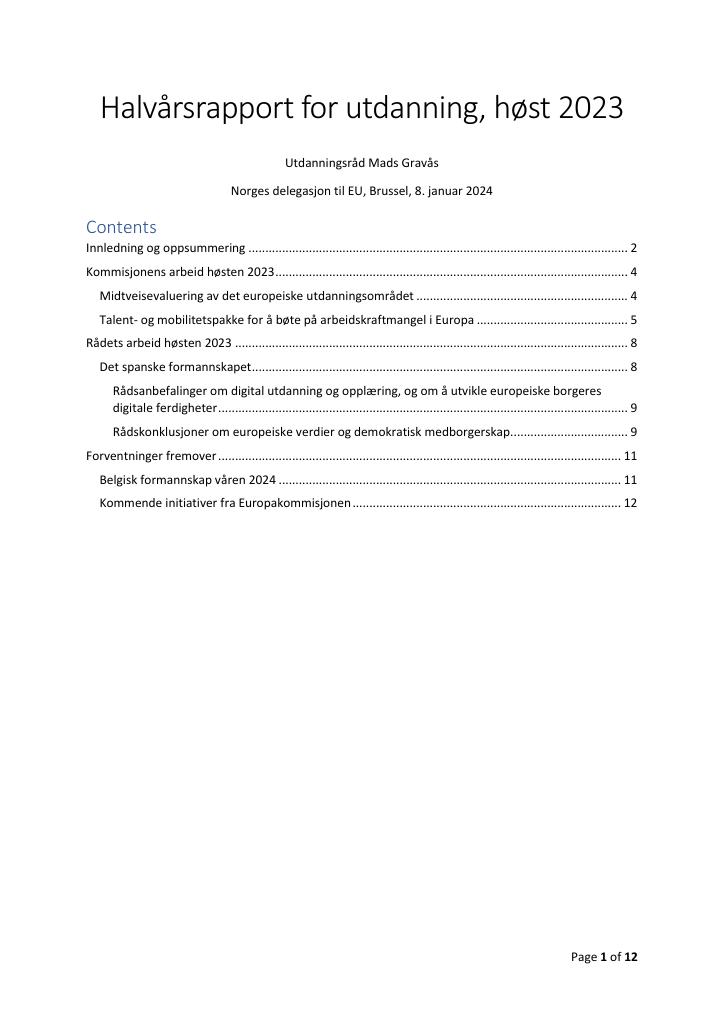 Forsiden av dokumentet EU delegasjonens halvårsrapport om utdanning for høsten 2023
