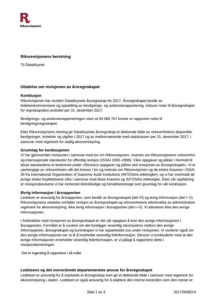 Forsiden av dokumentet Revisjonsberetning (pdf)