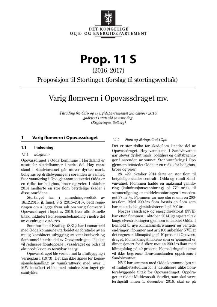 Forsiden av dokumentet Prop. 11 S (2016–2017)