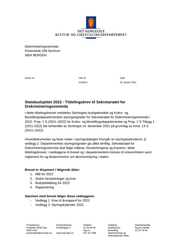 Forsiden av dokumentet Tildelingsbrev Sekretariatet for Diskrimineringsnemnda 2022