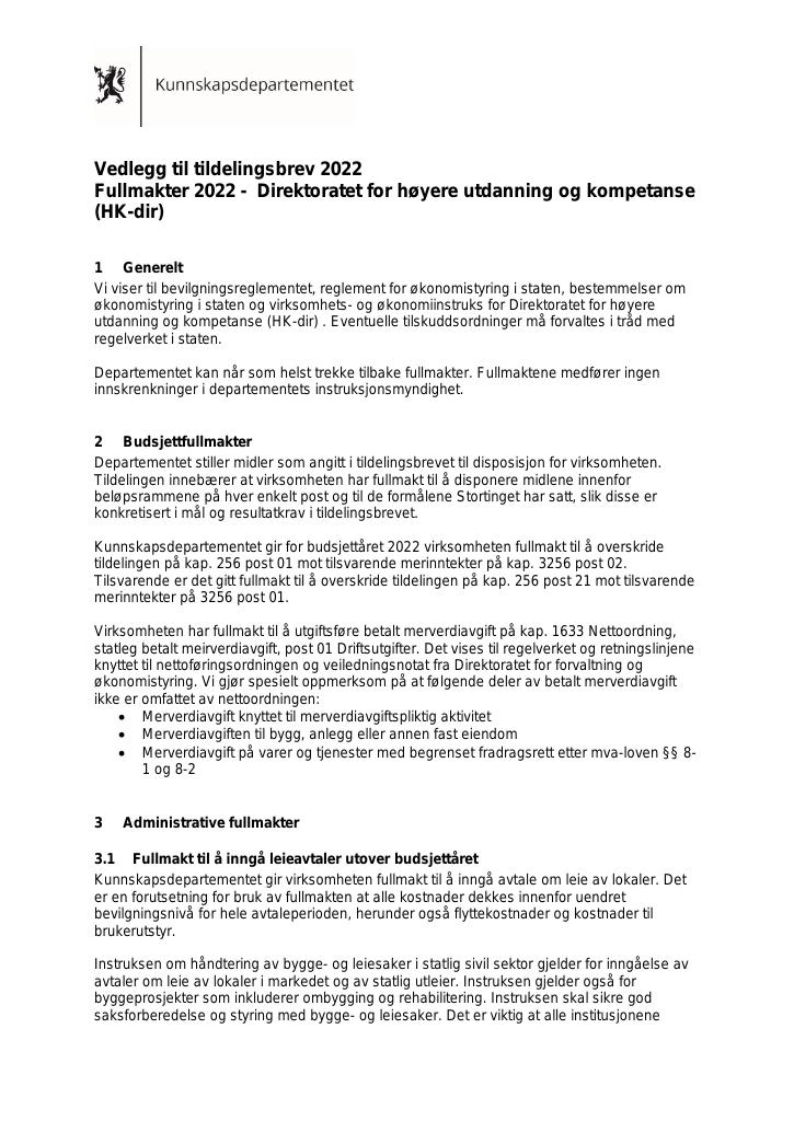 Forsiden av dokumentet Tildelingsbrev Direktoratet for høyere utdanning og kompetanse 2022 - vedlegg