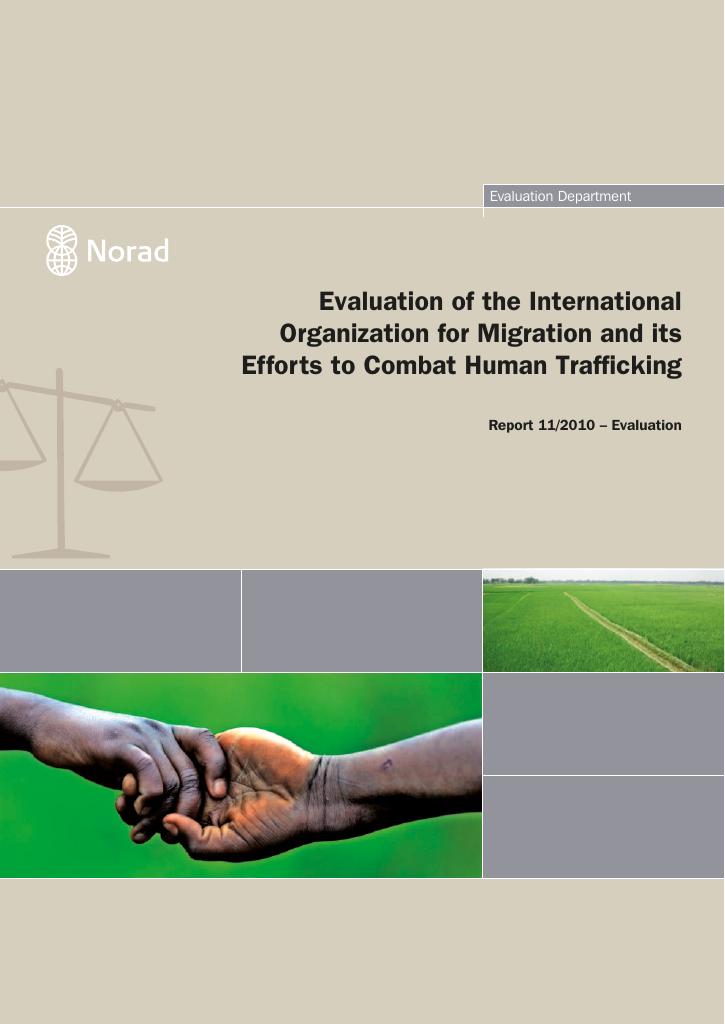 Forsiden av dokumentet Evaluation of the International Organization for Migration and its Efforts to Combat Human Trafficking