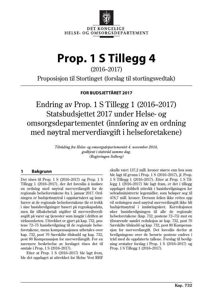 Forsiden av dokumentet Prop. 1 S Tillegg 4 (2016–2017)