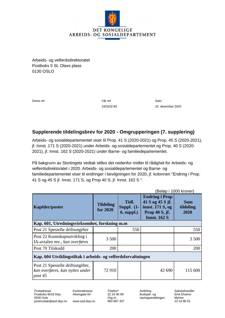 Forsiden av dokumentet Tildelingsbrev Arbeids- og velferdsdirektoratet 2020 - tillegg nr. 7