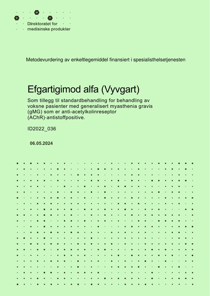Forsiden av dokumentet Efgartigimod alfa (Vyvgart) som tillegg til standardbehandling for behandling av voksne pasienter med generalisert myasthenia gravis (gMG) som er anti-acetylkolinreseptor (AChR)‑antistoffpositive