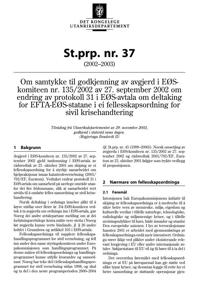 Forsiden av dokumentet St.prp. nr. 37 (2002-2003)