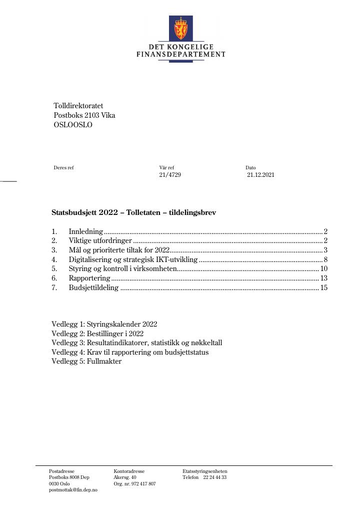 Forsiden av dokumentet Tildelingbrev Tolletaten 2022