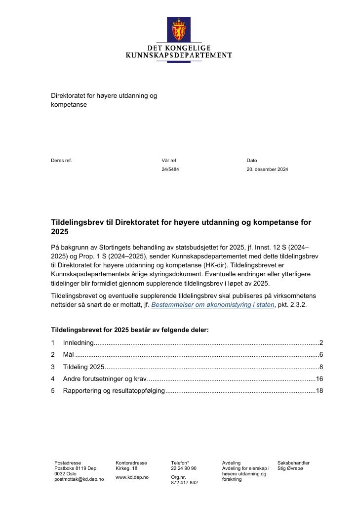 Forsiden av dokumentet Tildelingsbrev Direktoratet for høyere utdanning og kompetanse (HK-dir) 2025