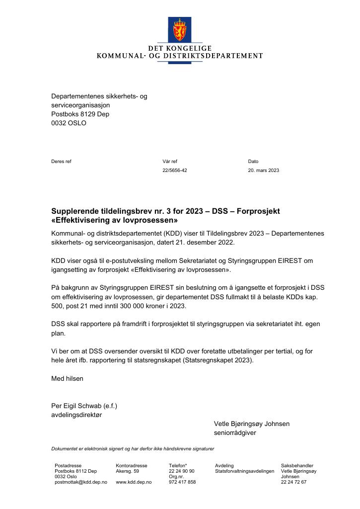 Forsiden av dokumentet Tildelingsbrev Departementenes sikkerhets- og serviceorganisasjon 2023 - tillegg nr. 3