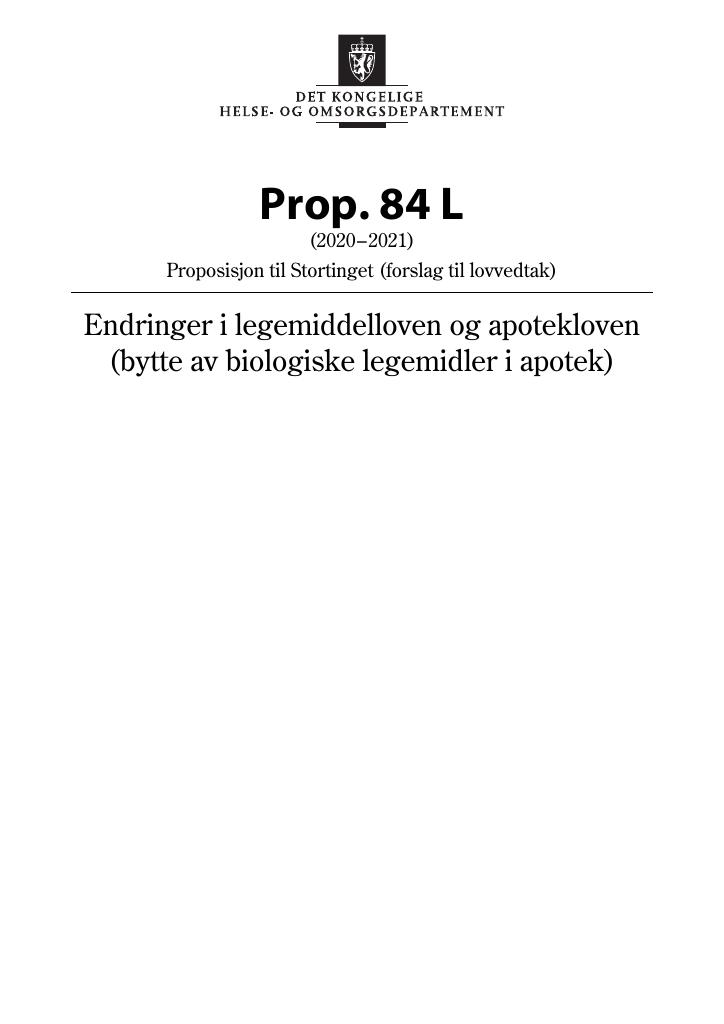 Forsiden av dokumentet Prop. 84 L (2020–2021)