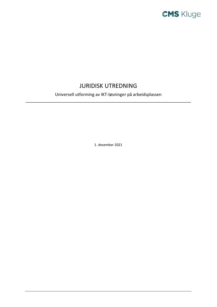 Forsiden av dokumentet Juridisk utredning - Universell utforming av IKT-løsninger på arbeidsplassen