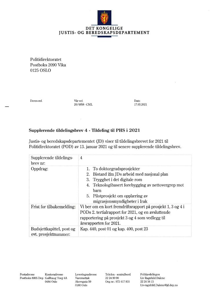 Forsiden av dokumentet Tildelingsbrev Politidirektoratet 2021 - tillegg nr. 4