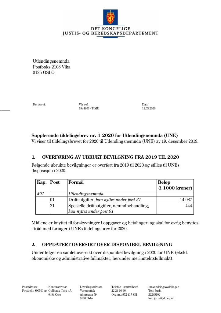 Forsiden av dokumentet Tildelingsbrev Utlendingsnemnda 2020 - tillegg nr. 1