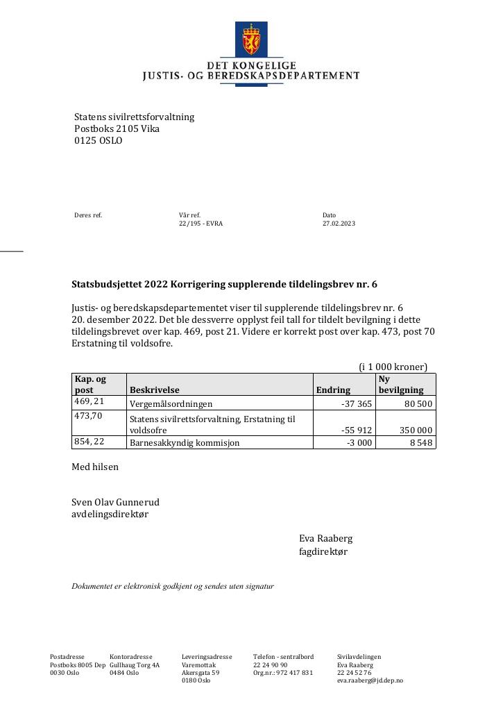 Forsiden av dokumentet Tildelingsbrev Statens sivilrettsforvaltning 2022 - tillegg nr. 6