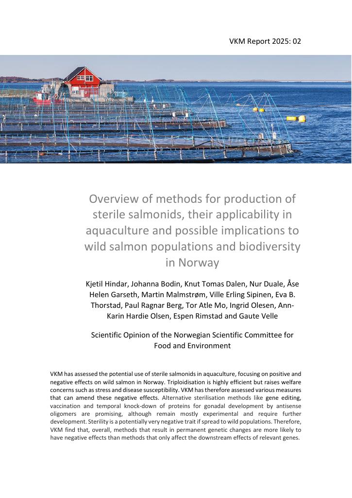 Forsiden av dokumentet Overview of methods for production of sterile salmonids, their applicability in aquaculture and possible implications to wild salmon populations and biodiversity in Norway