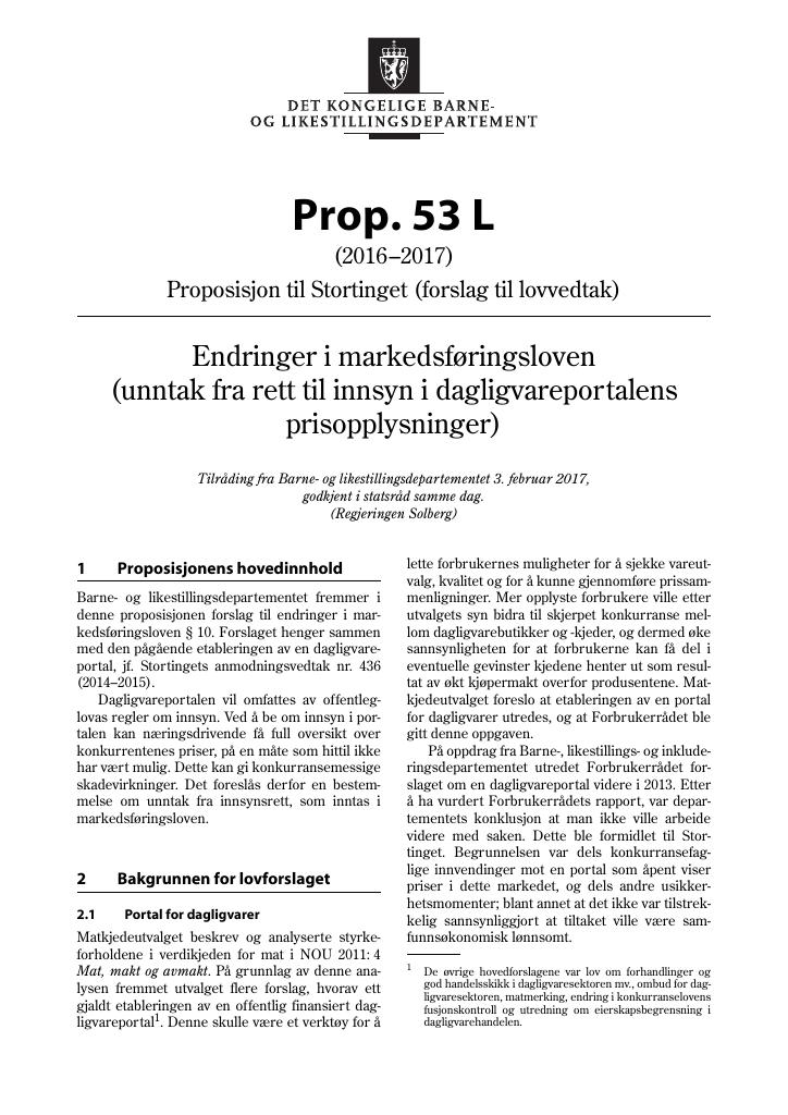 Forsiden av dokumentet Prop. 53 L (2016–2017)