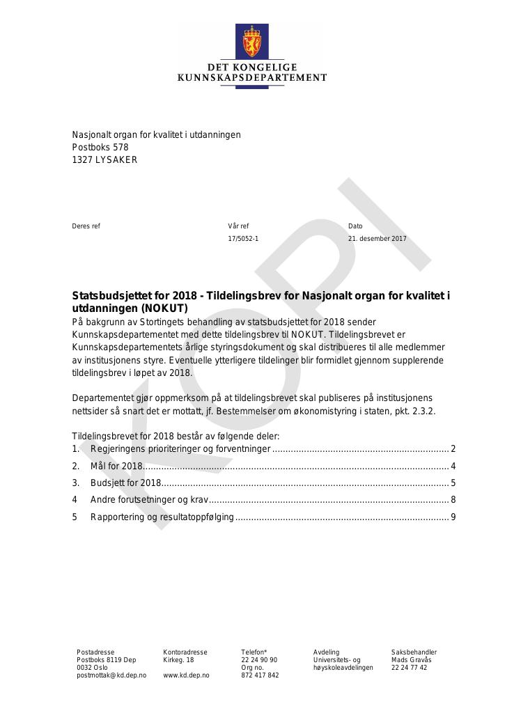 Forsiden av dokumentet Tildelingsbrev 2018 