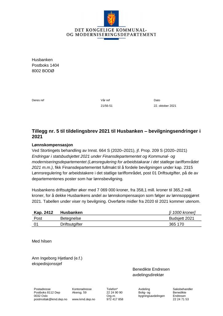 Tildelingsbrev Husbanken 2021 - Tillegg Nr. 5 - Kudos