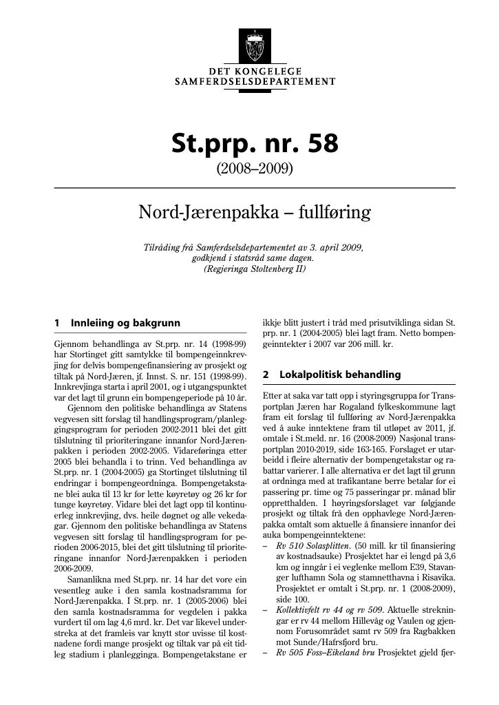 Forsiden av dokumentet St.prp. nr. 58 (2008-2009)