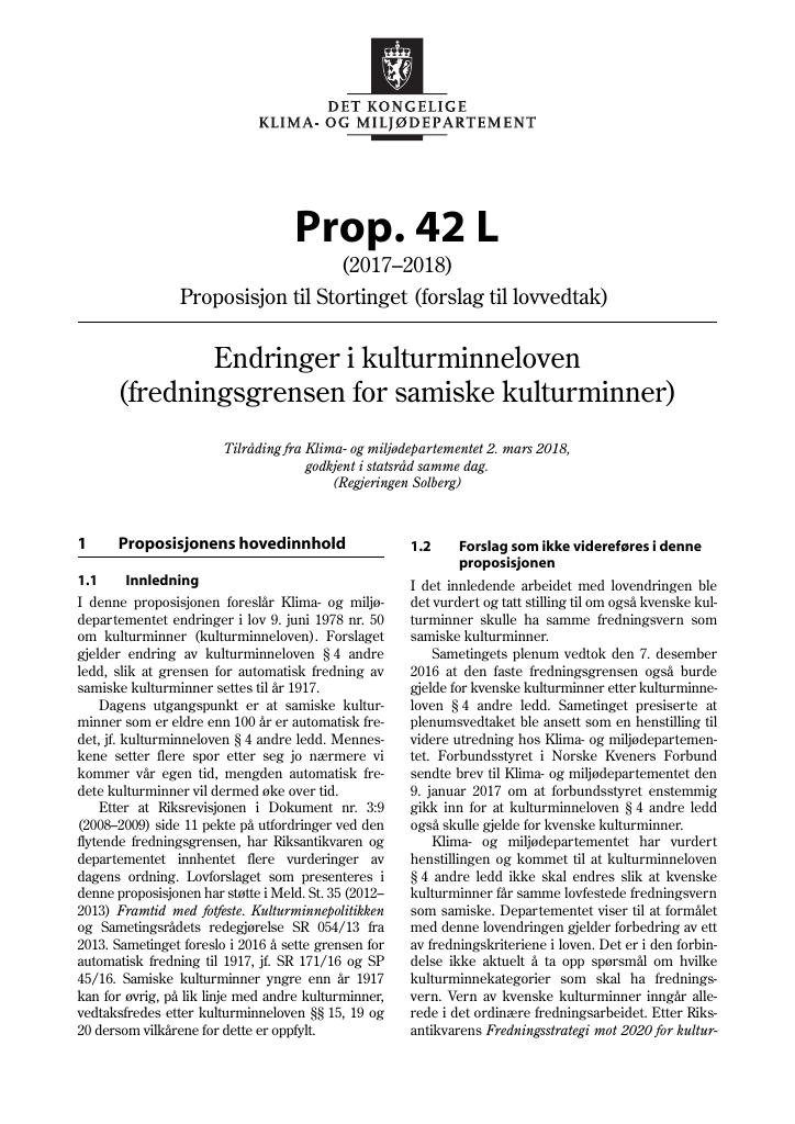 Forsiden av dokumentet Prop. 42 L (2017–2018)